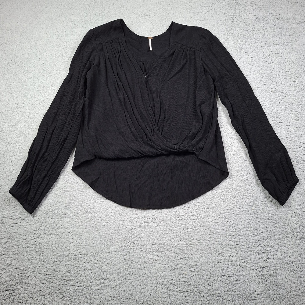 Free People Check On It Wrap Top Women's Long Sleeve Black Size S Boho Dark
